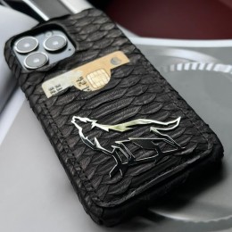 Чехол с кармашком на iPhone 15 Pro (сталь, кожа, дерево)