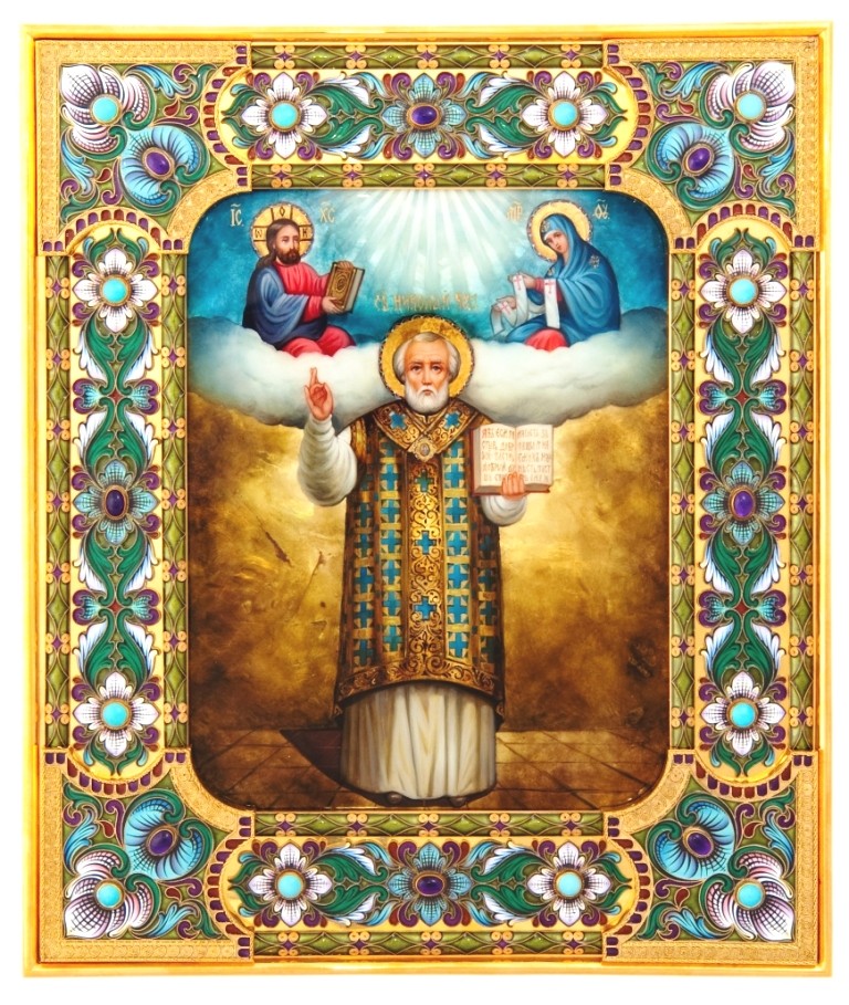 Икона Николая Чудотворца (серебро, перламутр, аметисты)