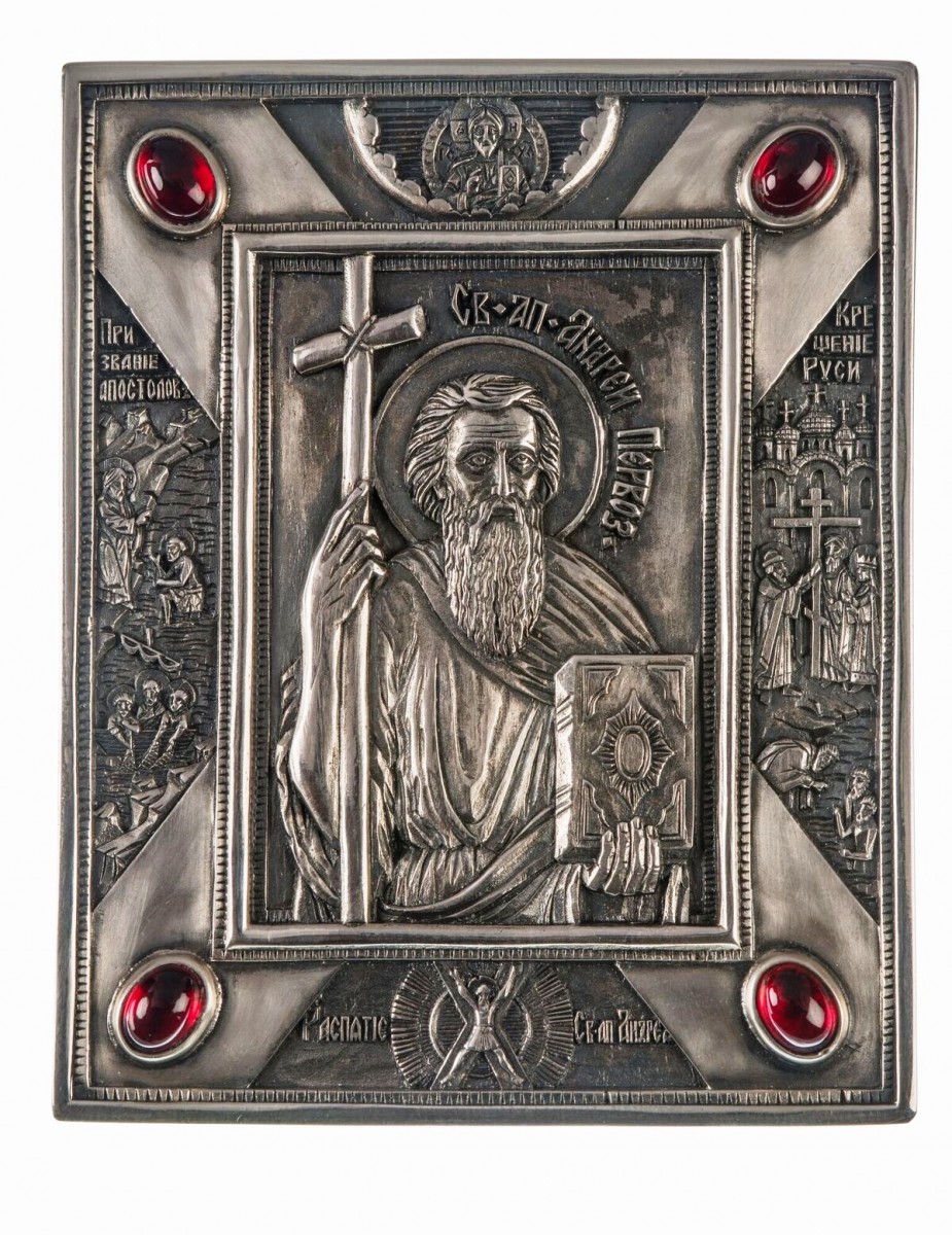 Малая икона “Святой Апостол Андрей-Первозванный” серебро с гранатами