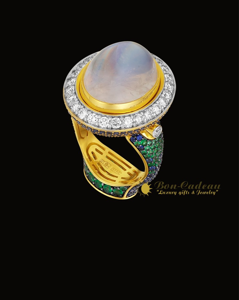 Кольцо «Восточная ночь» (лунный камень, бриллианты, сапфиры)