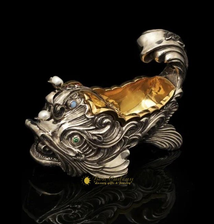 Икорница Золотая рыбка (серебро, чёрный жемчуг)