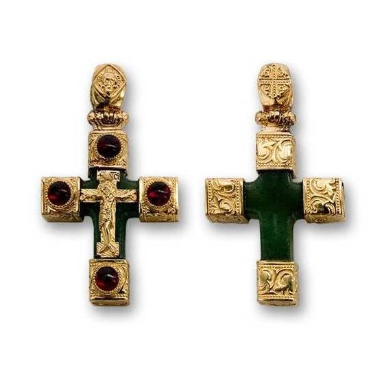 Крестик из яшмы с золотом и гранатами