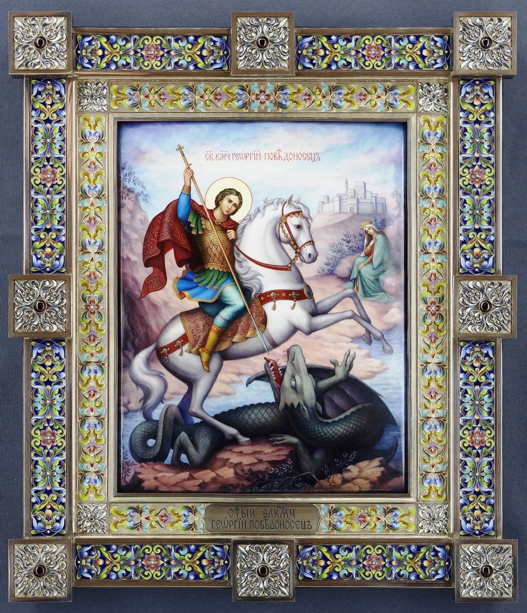 Икона Георгия Победоносца (серебро, эмаль, гранаты)